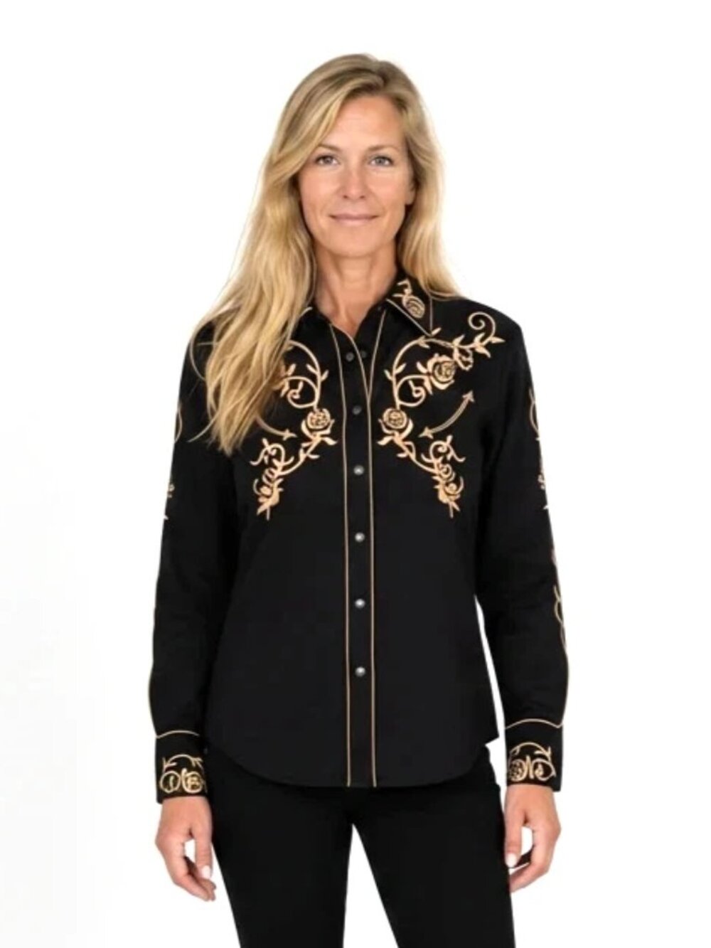 Scully Black Western Embroidered Pearl Snap Shirt With Piping Sz M Medium Womens